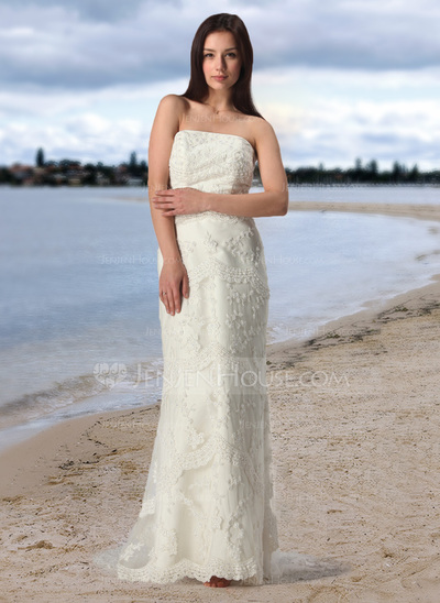 Sheath/Column Strapless Court Train Satin Tulle Wedding Dress With Lace (002005197)