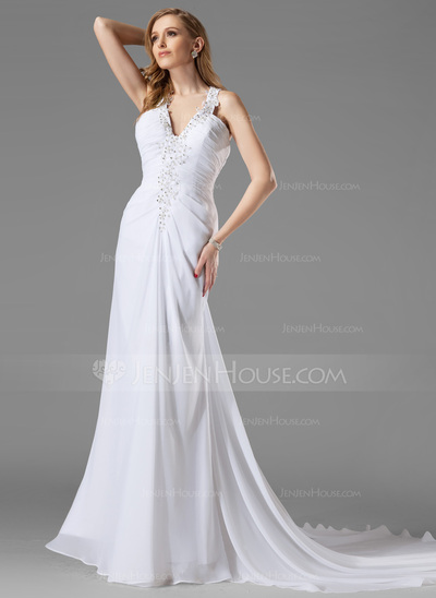 Sheath/Column Halter Court Train Chiffon Wedding Dress With Ruffle Beadwork (002000442)
