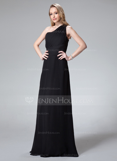 Vestidos princesa/ Formato A Um ombro Vestidos longo Chifon Vestido de madrinha com Pregueado (007004281)