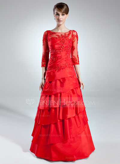 A-Line/Princess Scoop Neck Floor-Length Taffeta Tulle Mother of the Bride Dress With Lace Beading (008006255)