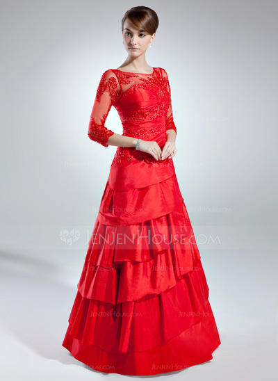 A-Line/Princess Scoop Neck Floor-Length Taffeta Tulle Mother of the Bride Dress With Lace Beading (008006255)