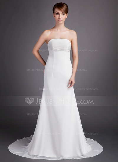 A-Line/Princess Strapless Court Train Chiffon Wedding Dress With Ruffle (002000566)