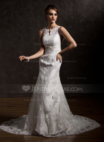 Mermaid Scoop Neck Chapel Train Satin Lace Wedding Dress With Lace Beadwork (002004770)