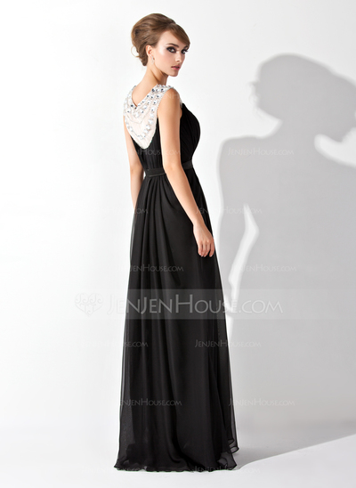A-Line/Princess Scoop Neck Floor-Length Chiffon Tulle Evening Dress With Ruffle Beading (017020923)