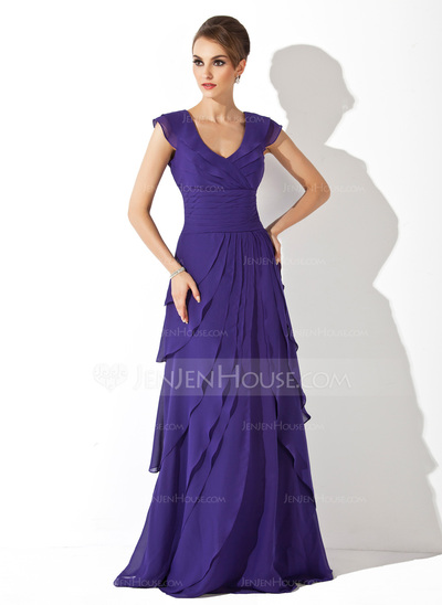 Vestidos princesa/ Formato A Decote V Cauda vassoura Chiffon Vestido de festa com Pregueado (017020663)