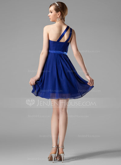 A-Line/Princess One-Shoulder Short/Mini Chiffon Charmeuse Bridesmaid Dress With Ruffle (007000777)