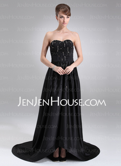 A-Line/Princess Sweetheart Court Train Satin Evening Dress With Beading (017020656)