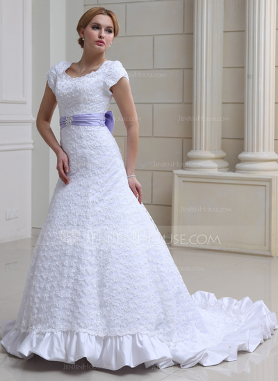 A-Line/Princess Scoop Neck Chapel Train Satin Lace Wedding Dress With Ruffle Sashes Beadwork (002000230)
