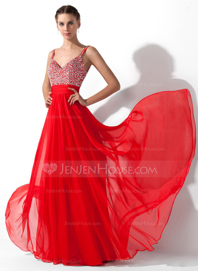 A-Line/Princess V-neck Floor-Length Chiffon Prom Dress With Ruffle Beading Sequins (018005105)