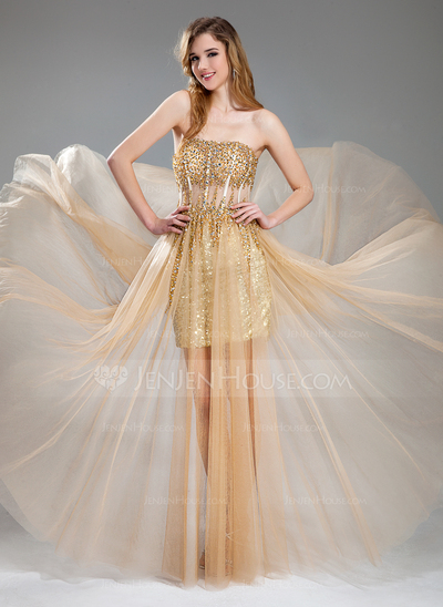 A-Line/Princess Sweetheart Floor-Length Tulle Sequined Prom Dress With Beading (018018902)