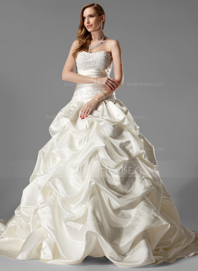 De baile Coração Cauda corte Cetim Vestidos de noiva com Pregueado Renda (002000451)