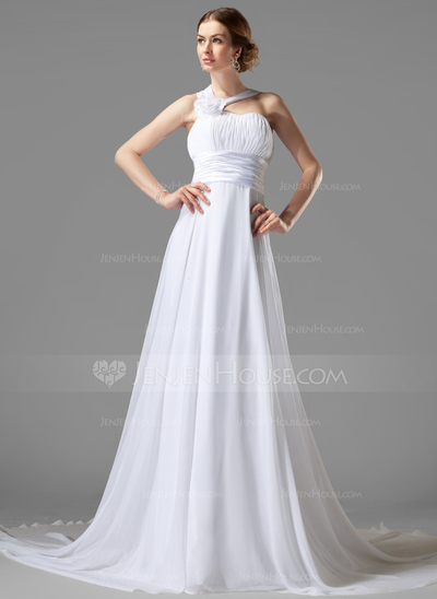 Empire One-Shoulder Chapel Train Chiffon Charmeuse Wedding Dress With Ruffle Flower(s) (002000447)