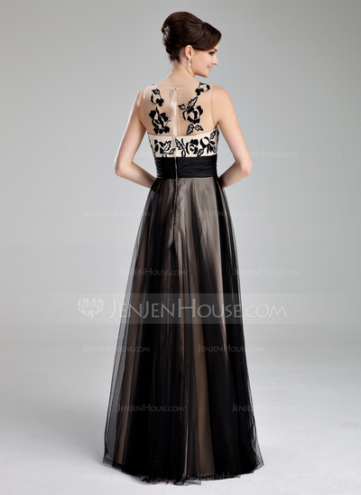 A-Line/Princess Scoop Neck Floor-Length Tulle Prom Dress With Ruffle Lace (018019083)