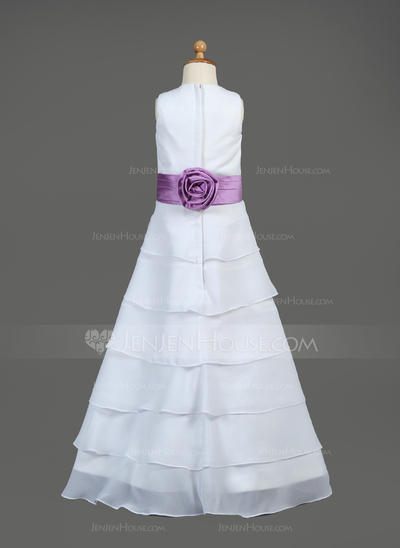 A-Line/Princess Scoop Neck Floor-Length Chiffon Charmeuse Flower Girl Dress With Sash Flower(s) (010002146)
