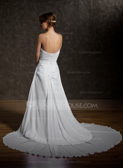 A-Line/Princess V-neck Chapel Train Chiffon Wedding Dress With Ruffle Lace Beadwork (002011408)