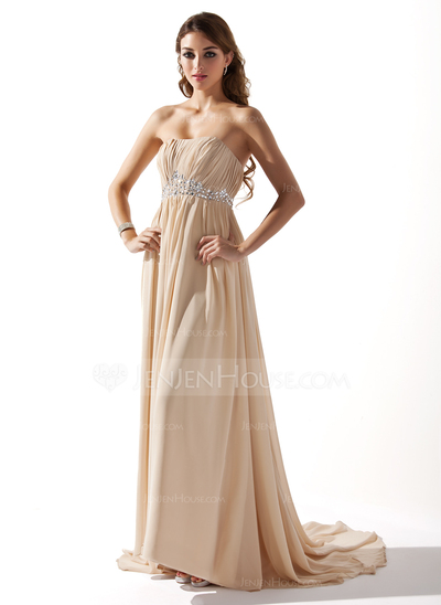 Empire Strapless Court Train Chiffon Wedding Dress With Ruffle Beadwork (002000454)