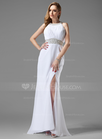 A-Line/Princess Scoop Neck Sweep Train Chiffon Prom Dress With Ruffle Beading (018004915)