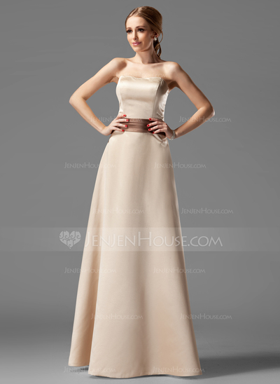 A-Line/Princess Strapless Floor-Length Satin Bridesmaid Dress With Sash (007004115)
