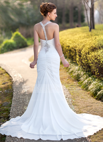 Sheath/Column V-neck Chapel Train Chiffon Wedding Dress With Ruffle Beadwork Sequins (002005012)