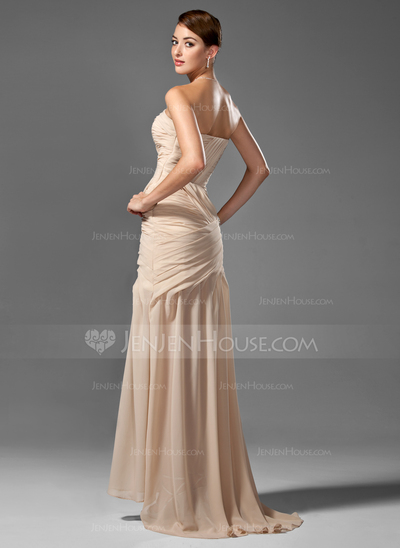 Sheath Sweetheart Sweep Train Chiffon Prom Dress With Ruffle Beading (018005251)