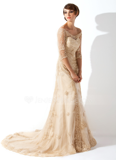 Sheath/Column Off-the-Shoulder Court Train Satin Tulle Wedding Dress With Lace (002011393)