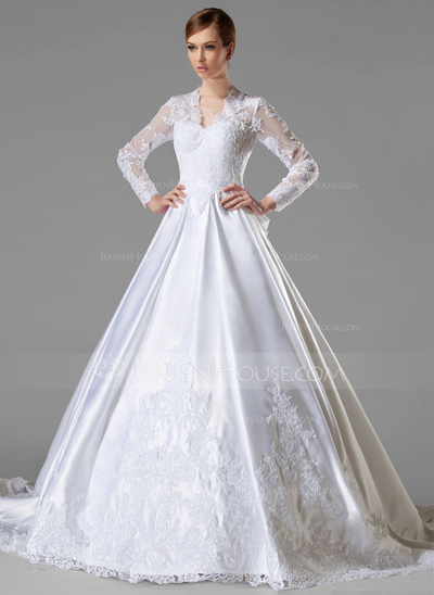 Ball-Gown V-neck Chapel Train Satin Wedding Dress With Ruffle Lace (002004745)