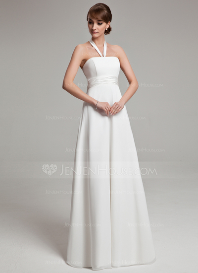 Keizer Halter Vloerlengte Chiffon Satijnzijde Bruidsjurken met Roes (002011992)