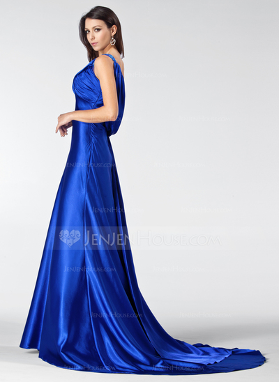 A-Line/Princess One-Shoulder Court Train Tulle Charmeuse Evening Dress With Ruffle Lace Beading (017005207)