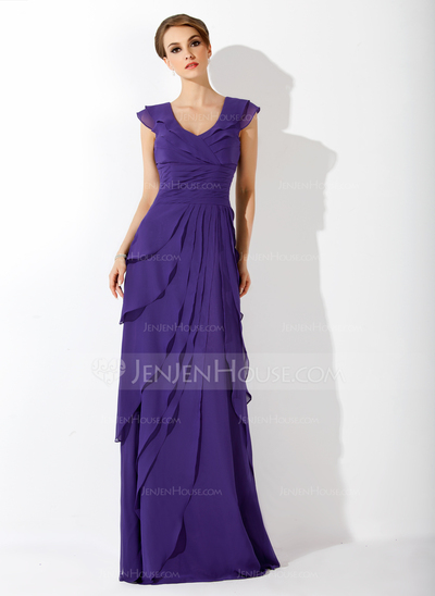 Vestidos princesa/ Formato A Decote V Cauda vassoura Chiffon Vestido de festa com Pregueado (017020663)