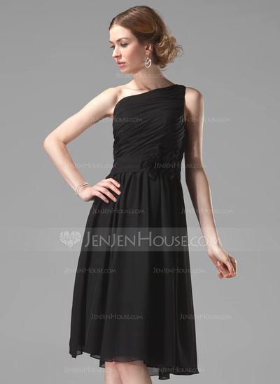A-Lijn/Prinses Een-Schouder Knielengte Chiffon Bruidsmeisjes Jurk met Roes Bloem(En) (007004118)