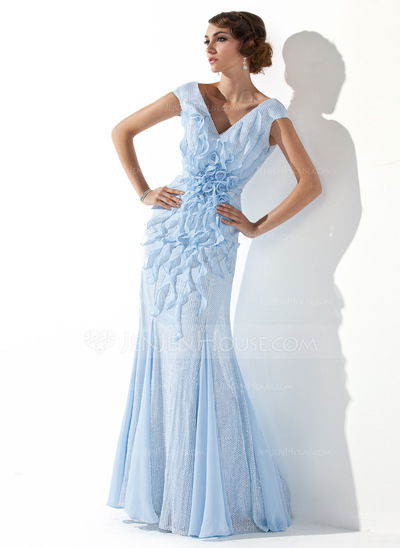 Havfrue V-hals Gulv lengde Chiffon Palliet-belagt Ballkjole med Profilering Blomst(er) (018024292)