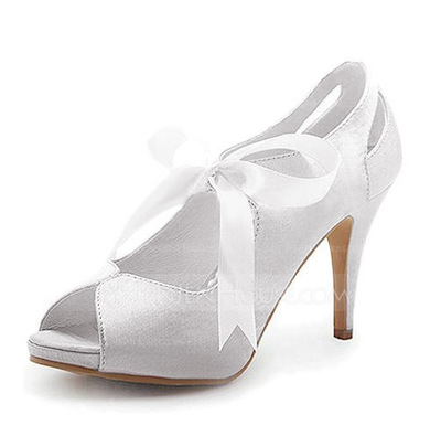 Satin Stiletto Heel Peep Toe Platform Pumps Wedding Shoes With Ribbon Tie (047005035)