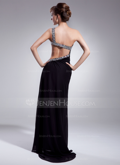 Sheath One-Shoulder Sweep Train Chiffon Prom Dress With Ruffle Beading (018004918)