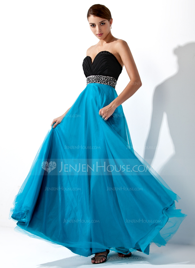 Empire Sweetheart Floor-Length Chiffon Tulle Prom Dress With Ruffle Beading Sequins (018004900)