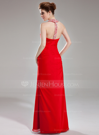 Tubo Frente única Vestidos longo Chifon Vestido de festa com Pregueado Beading Sequins (017002264)