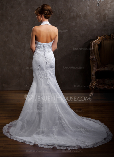 Vestidos princesa/ Formato A Frente única Cauda capela cetim Tule Vestido de noiva com Renda Bordado (002000297)