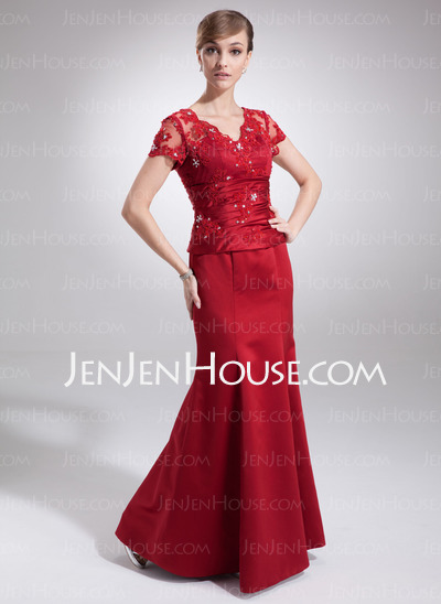 Mermaid V-neck Floor-Length Satin Mother of the Bride Dress With Lace Beading (008005754)