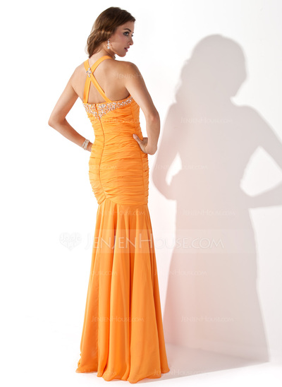 Mermaid Halter Floor-Length Chiffon Evening Dress With Ruffle Beading Sequins (017005814)