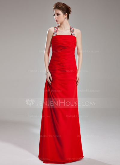 Tubo Frente única Vestidos longo Chifon Vestido de festa com Pregueado Beading Sequins (017002264)