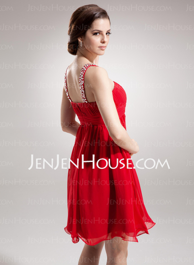 Empire V-neck Short/Mini Chiffon Homecoming Dress With Ruffle Beading (022009447)
