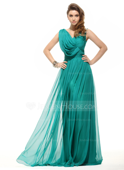 A-Line/Princess V-neck Floor-Length Chiffon Holiday Dress With Ruffle Beading (020016061)