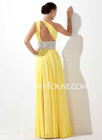 Impero Monospalla Al pavimento Chiffon Abiti feste con Increspature Perline (018020583)