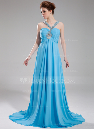 Empire V-neck Sweep Train Chiffon Evening Dress With Ruffle Beading (017004349)