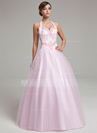 Ball-Gown Halter Floor-Length Tulle Quinceanera Dress With Lace Beading (021020615)