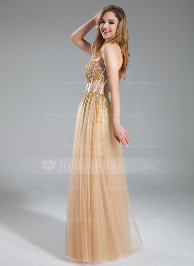 A-Line/Princess Sweetheart Floor-Length Tulle Sequined Prom Dress With Beading (018018902)