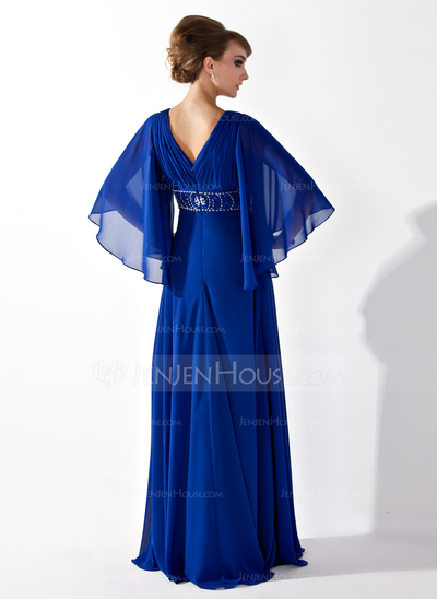 A-Line/Princess V-neck Floor-Length Chiffon Mother of the Bride Dress With Ruffle Beading Sequins (008005706)
