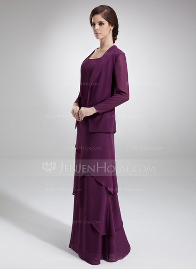 Sheath Scoop Neck Floor-Length Chiffon Mother of the Bride Dress With Beading (008006140)