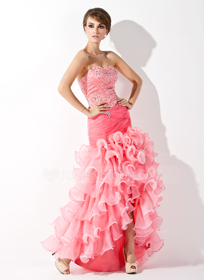 Mermaid Sweetheart Asymmetrical Organza Satin Prom Dress With Ruffle Beading Sequins (018005075)