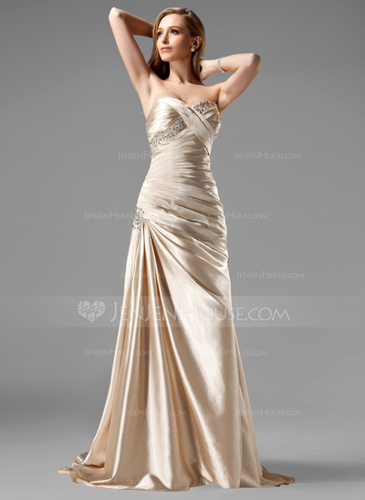Sheath Sweetheart Sweep Train Charmeuse Prom Dress With Ruffle Beading Sequins (018004806)