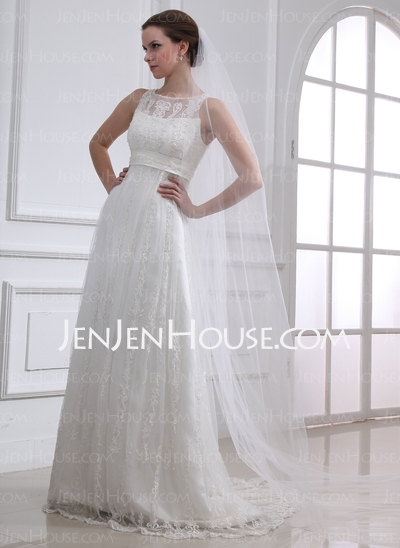 Vestidos princesa/ Formato A Decote redondo Cauda vassoura cetim Tule Vestido de noiva com Renda Bordado (002004543)